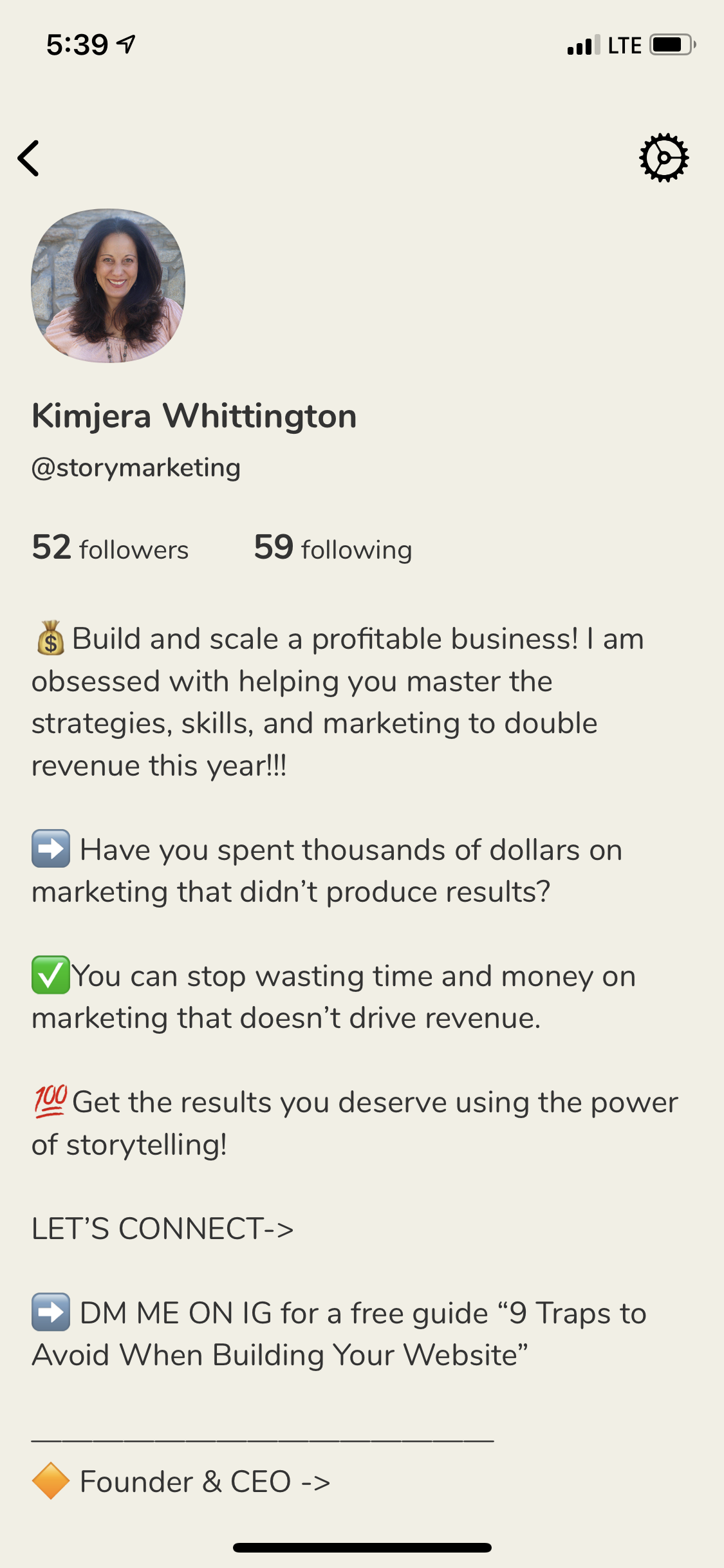 Screenshot of storybrand certified guide Kimjera's Clubhouse profile